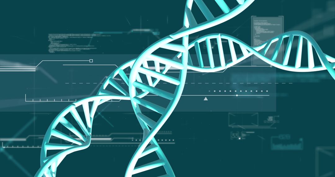 Digitally Rendered DNA Strands with Data Overlay on Green Background