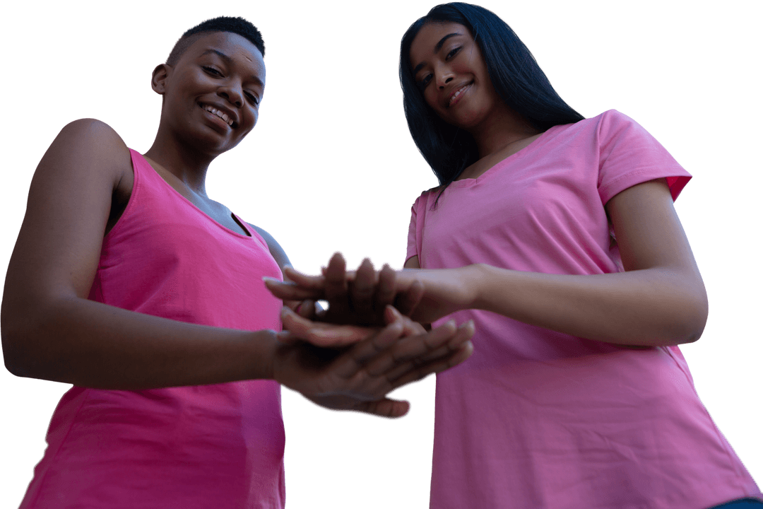 Happy Women in Pink Joining Hands on Transparent Background