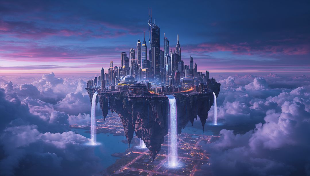 Futuristic Floating Cityscape in Twilight Above Clouds