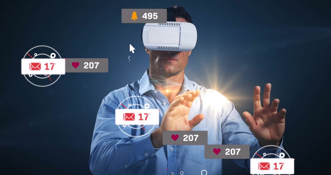 Man Experiencing Virtual Reality with Social Media Overlays