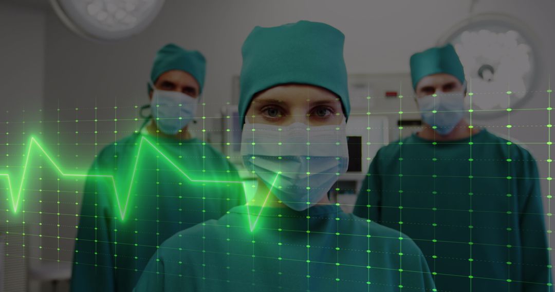 Medical Team in Surgical Attire with Heart Monitor Overlay