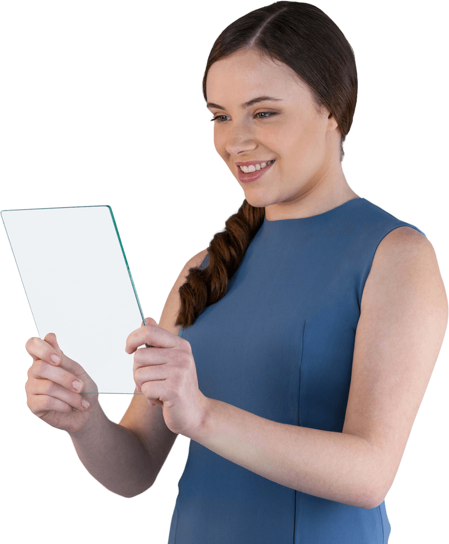 Smiling Woman Holding Transparent Glass Tablet