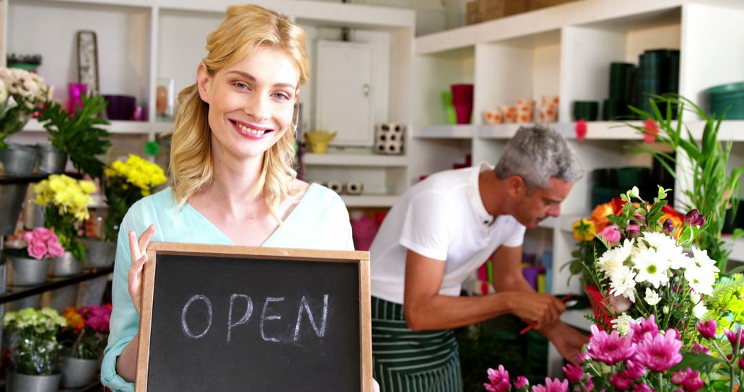 Smiling Florist Holding Open Sign in Flower Shop - Free Images, Stock Photos and Pictures on Pikwizard.com