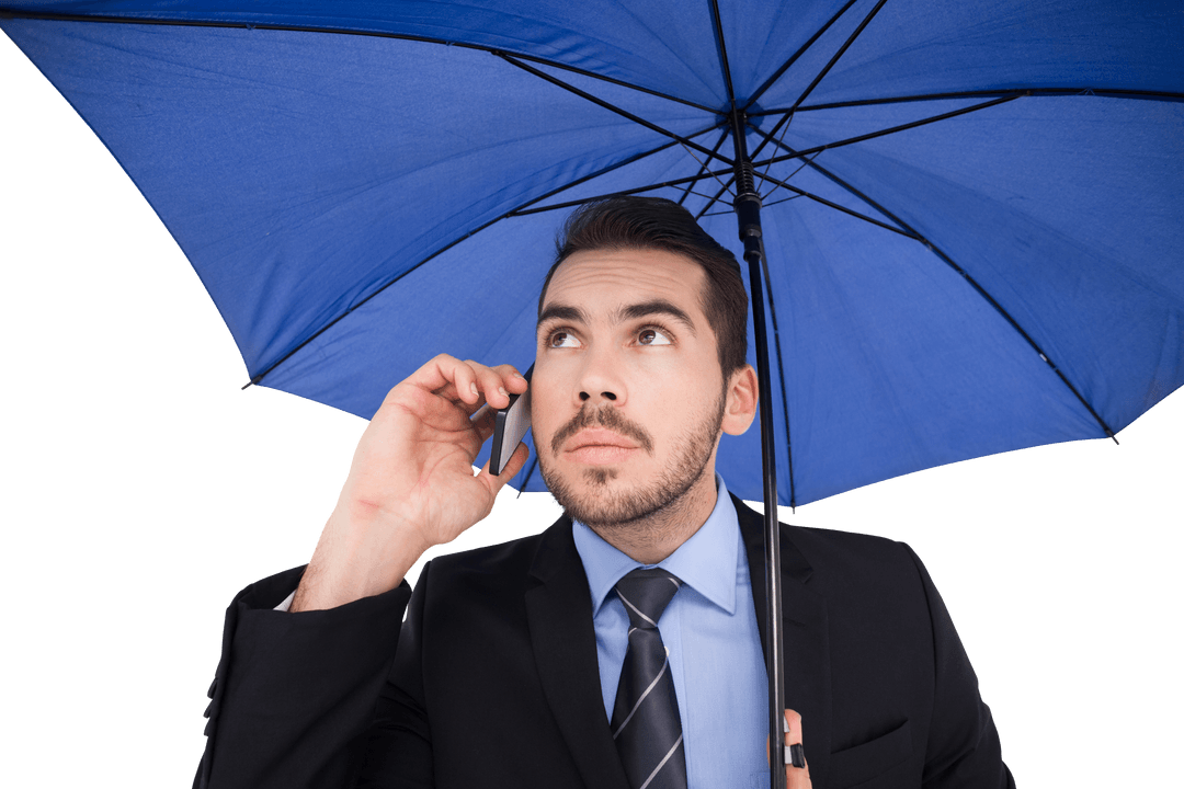 Serious Businessman Under Transparent Umbrella Making Important Call