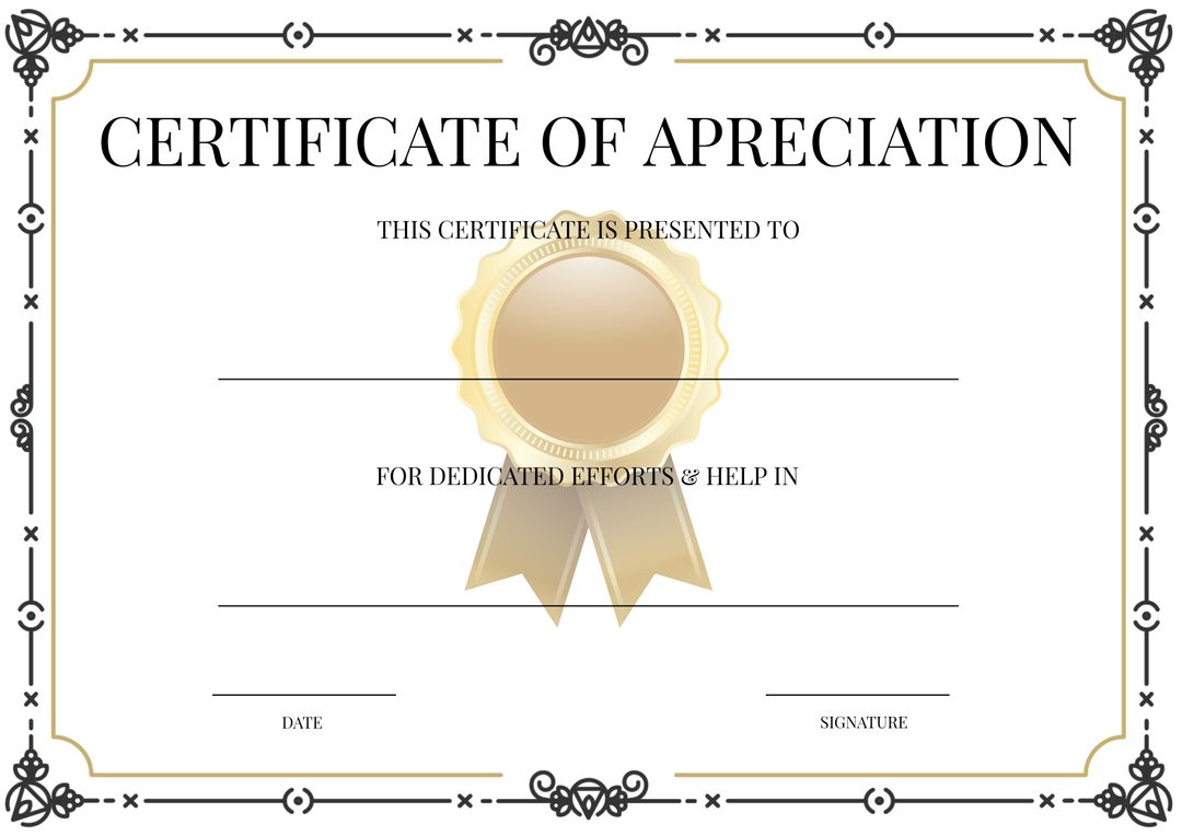 Certificate of Appreciation Template With Decorative Border and Gold Seal - Download Free Stock Templates Pikwizard.com