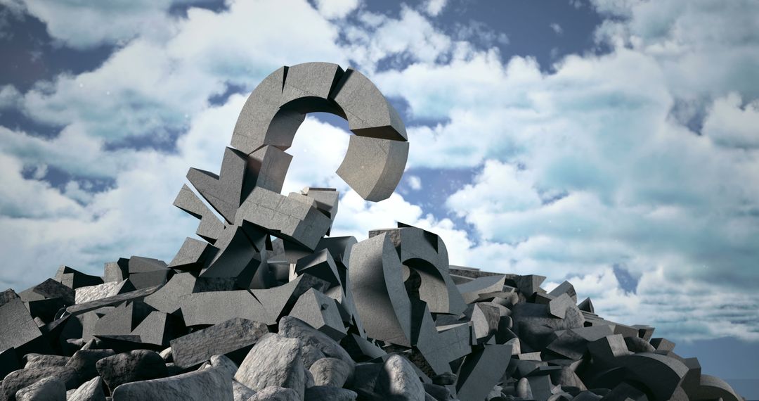 Giant Broken Question Mark on Rocky Terrain under Cloudy Sky