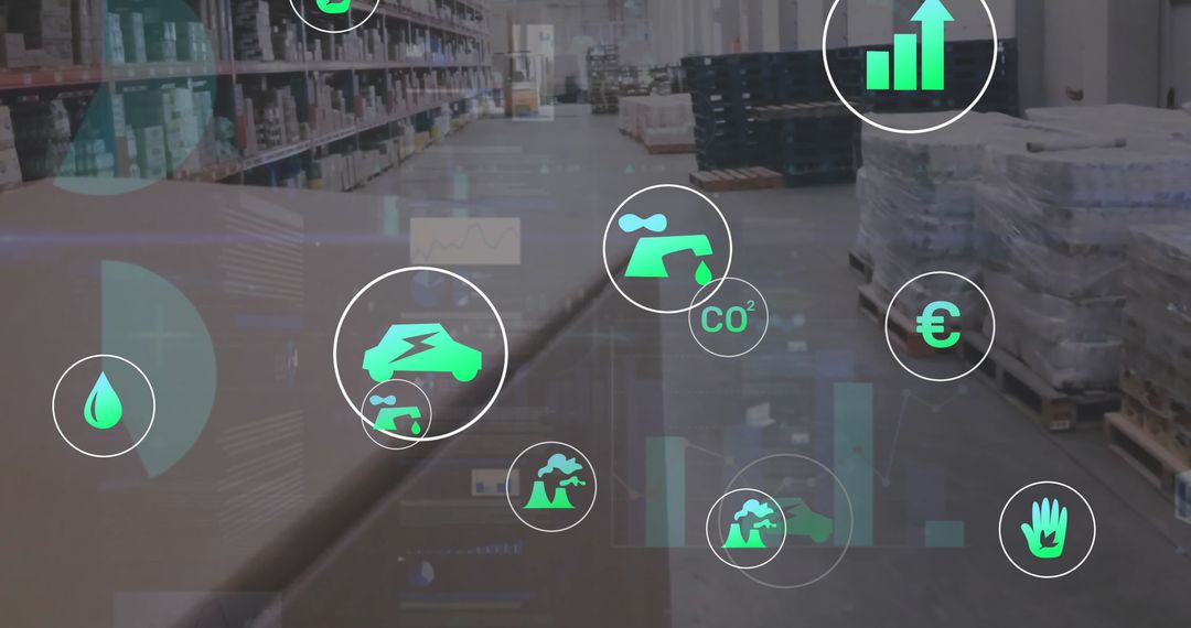 Digital Ecology Icons Floating in Modern Warehouse