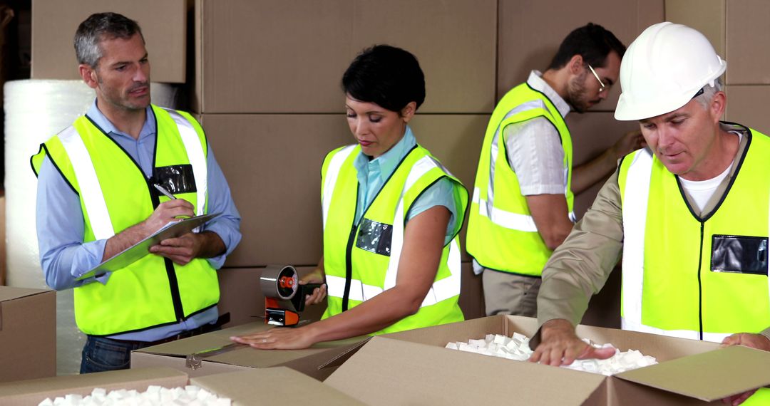 Warehouse Workers Managing Packaging Boxes with Safety Vests - Free Images, Stock Photos and Pictures on Pikwizard.com