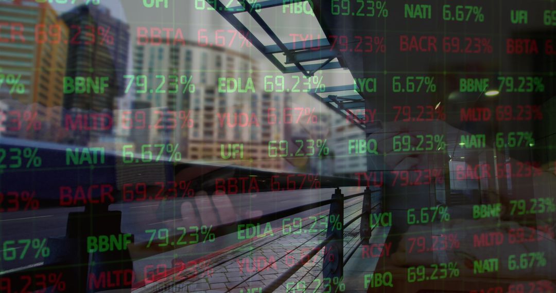 Financial Data Overlay on Urban Cityscape Captures Global Economy