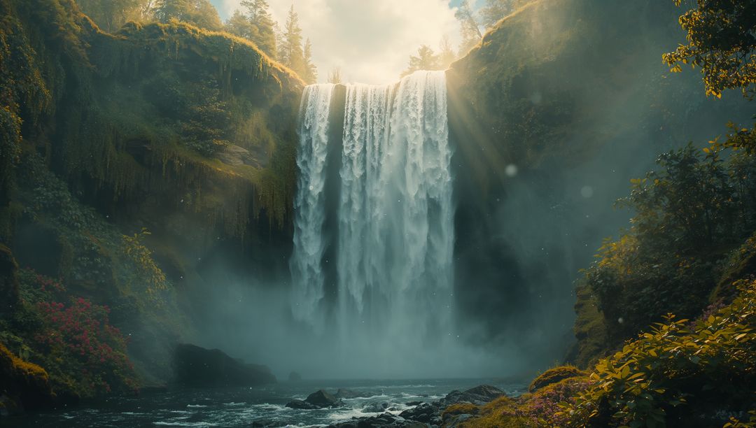 Misty Waterfall Cascading into Lush Forest Canyon