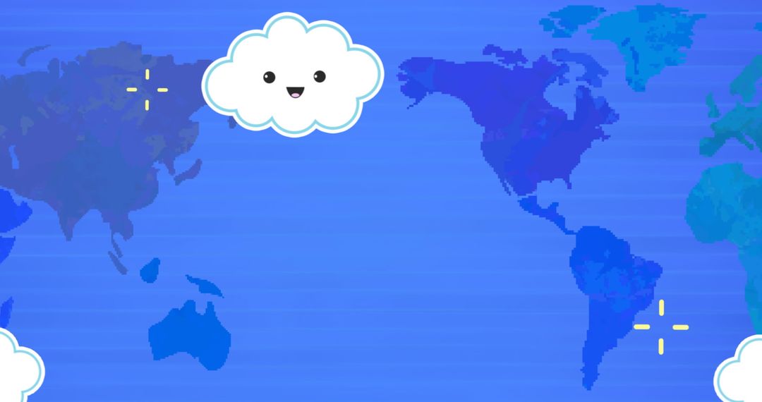 Cute Cartoon Clouds Over World Map Representing Global Connectivity