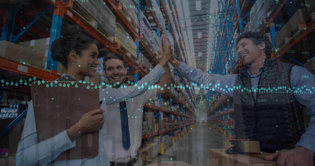 Warehouse Team Celebrating Success with Financial Data Overlay