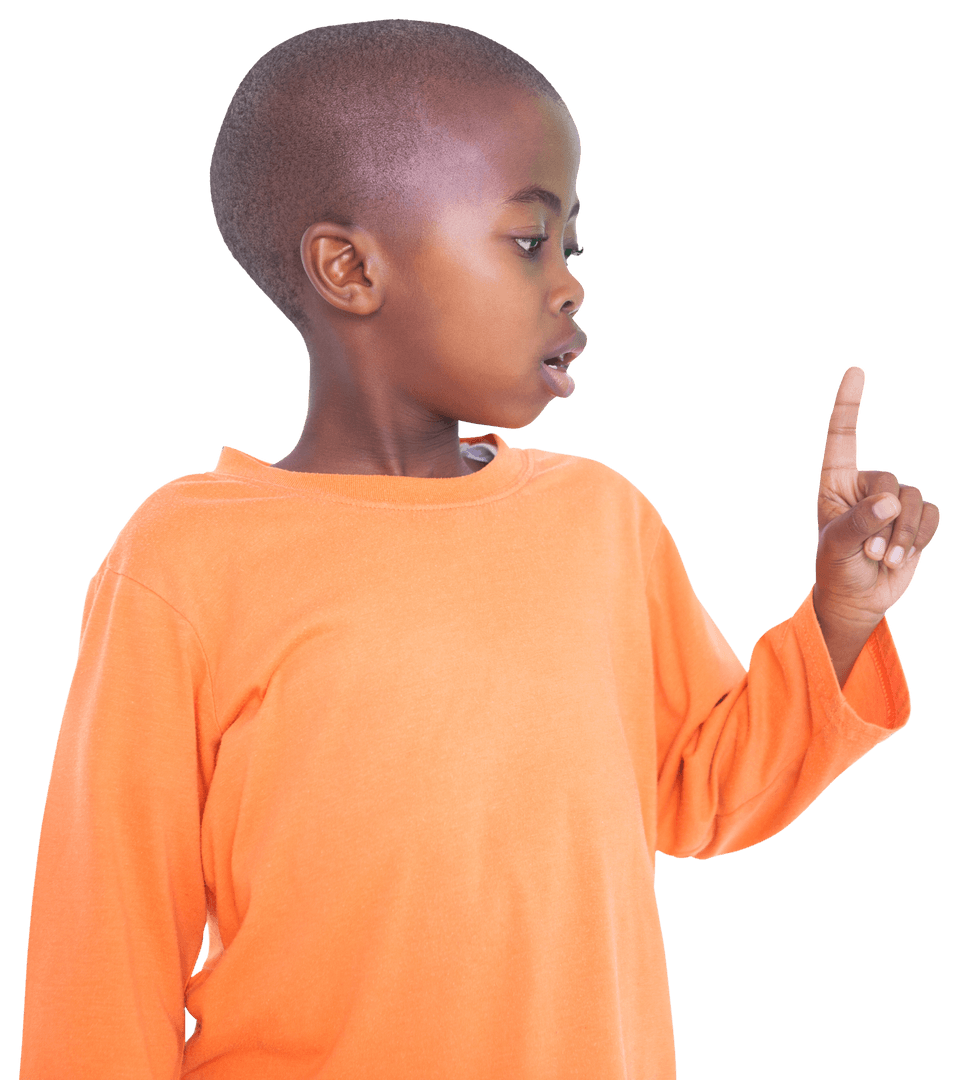 Curious Boy in Orange Shirt Pointing Finger on Transparent Background