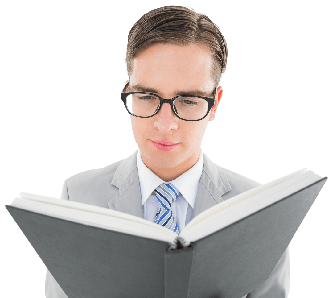 Geeky Man in Suit Reading Black Book Transparent Background