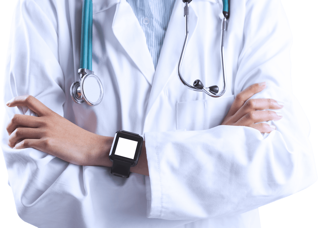 Asian Doctor Displaying Transparent Smartwatch on Wrist