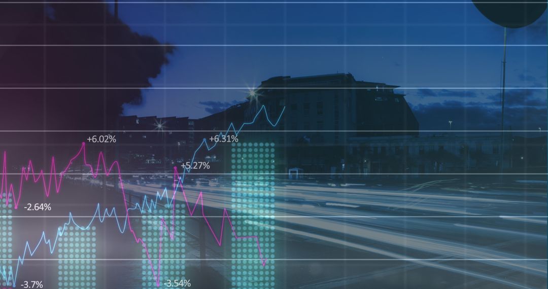 Dynamic Financial Data Displayed Over Cityscape Background