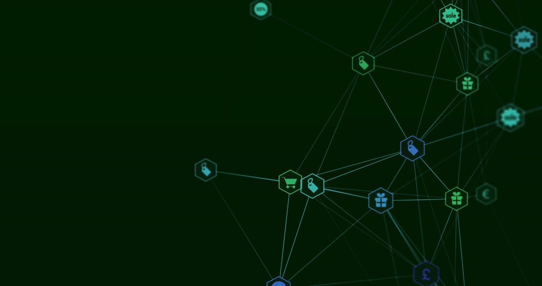 Digital Network of E-Commerce Icons on Green Background with Space