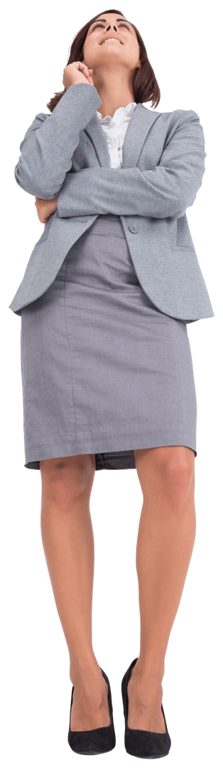 Confident Biracial Businesswoman Smiling Up on Transparent Background