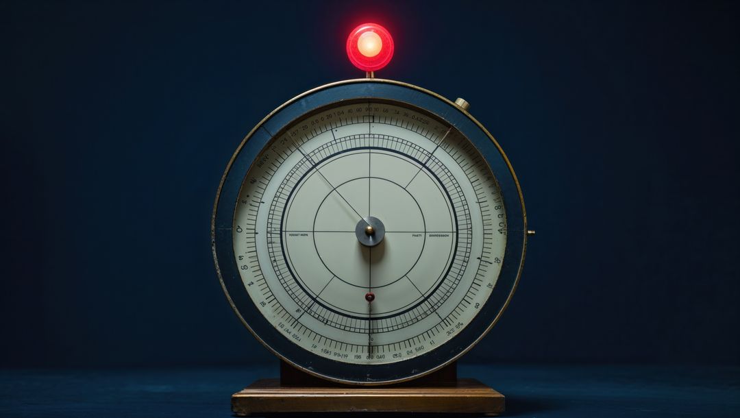 Antique geometric measuring instrument with glowing red light, seismograph concept