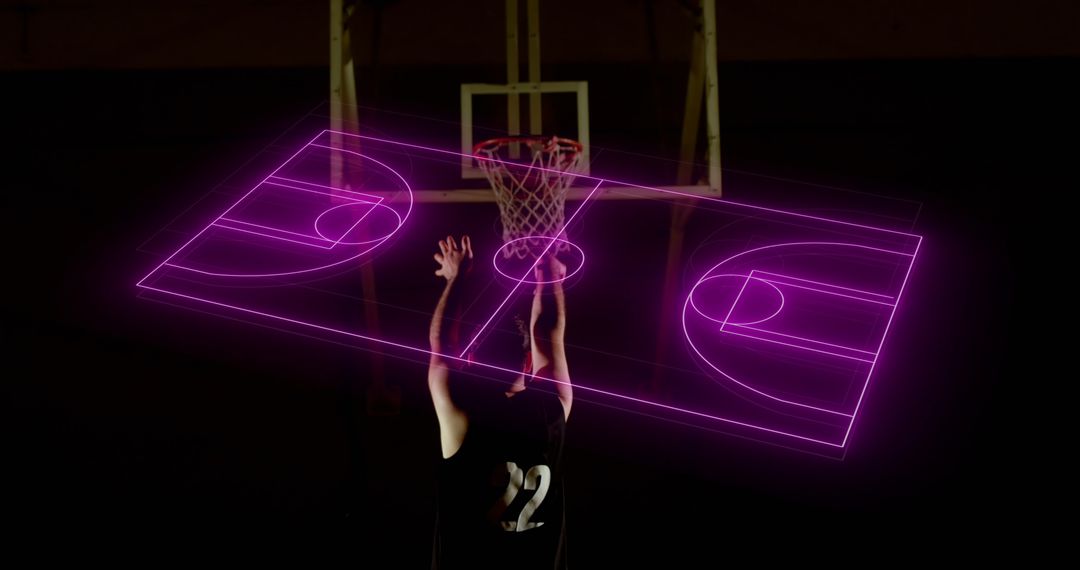 Neon Basketball Court Overlay with Player Practicing Hoop Skills