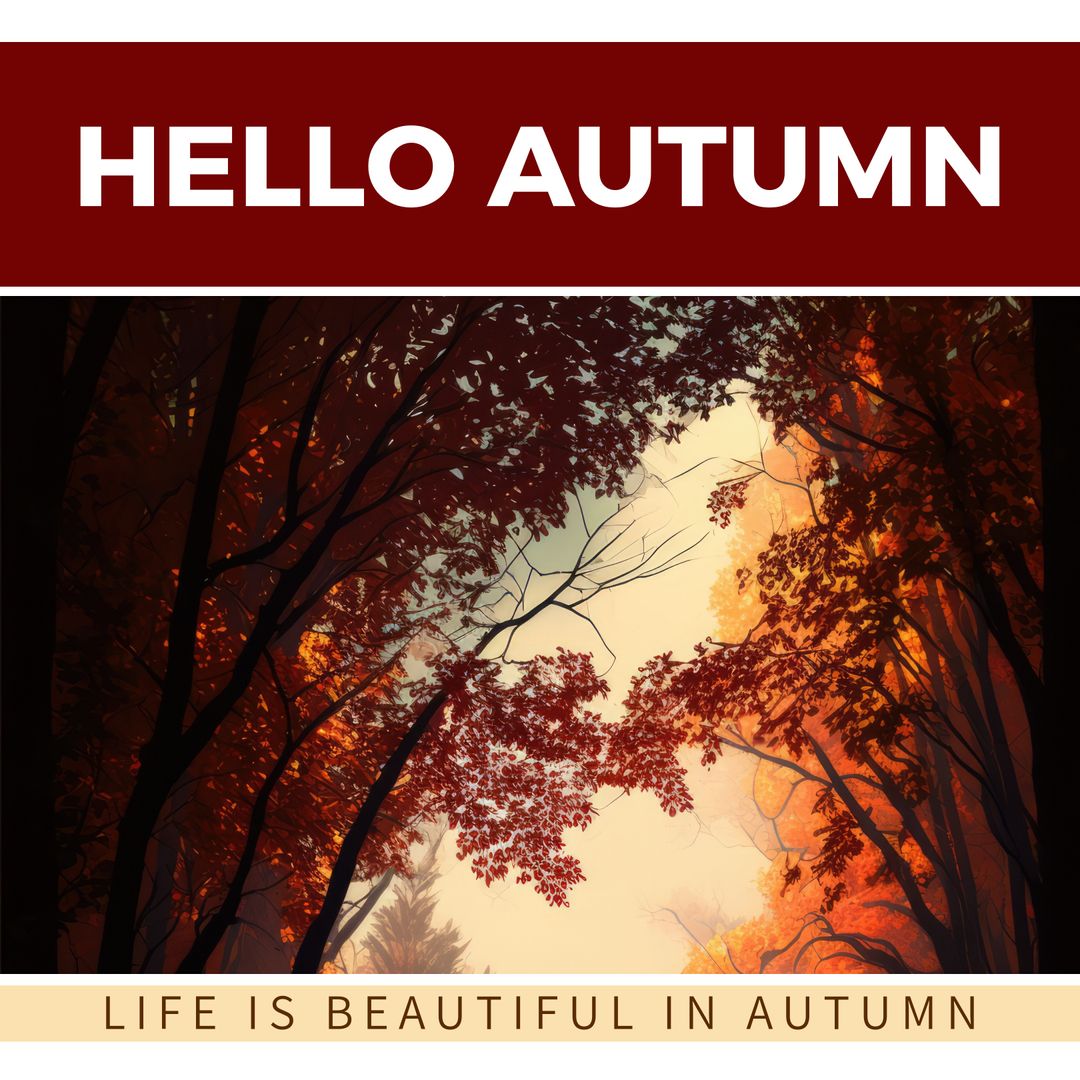 Hello Autumn Text Over Beautiful Fall Trees in Forest - Download Free Stock Templates Pikwizard.com