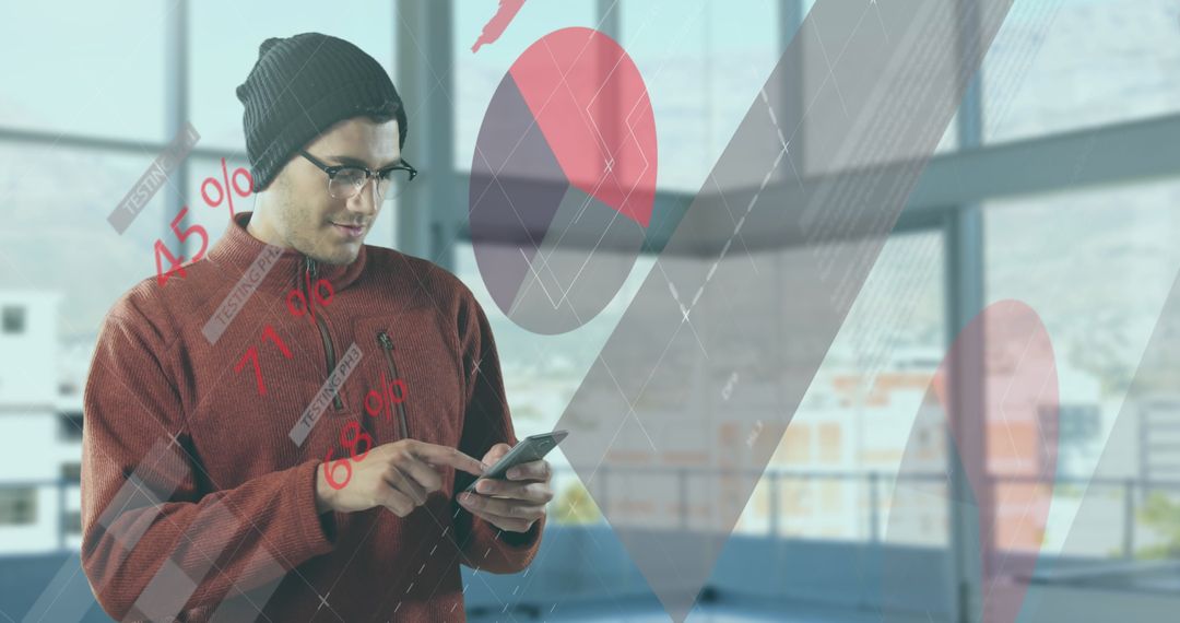 Person Analyzing Data on Smartphone with Digital Interface