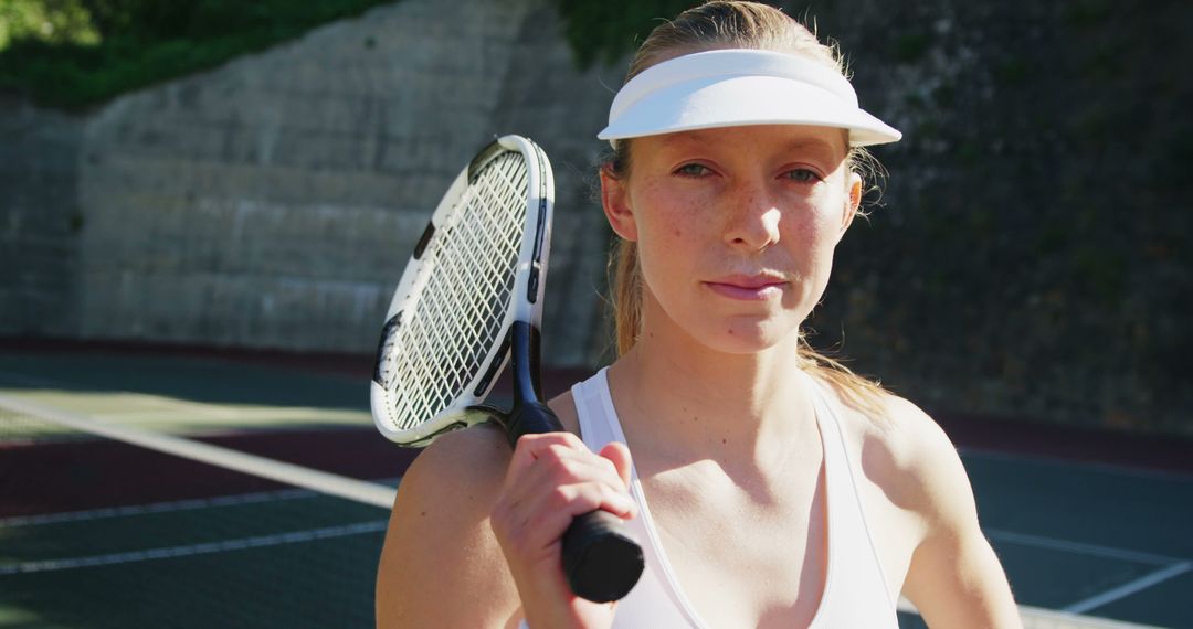 Female Tennis Player Holding Racket on Outdoor Court, Serious Expression - Free Images, Stock Photos and Pictures on Pikwizard.com