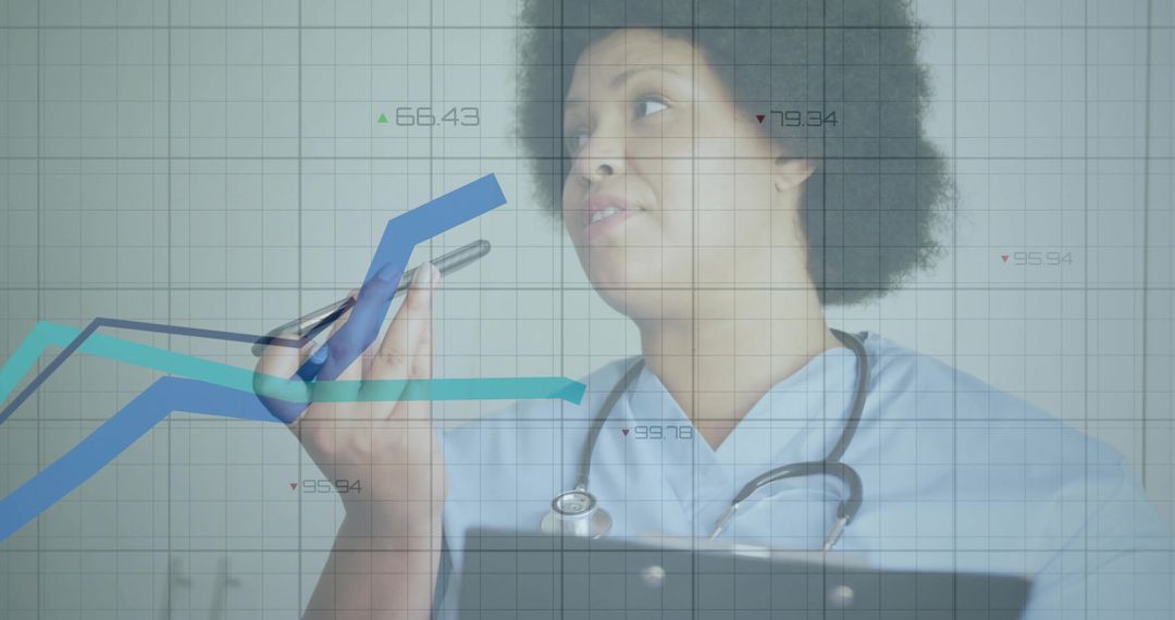Nurse Using Smartphone in Clinic with Data Chart Overlays
