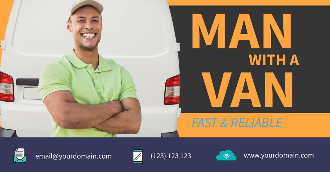 Smiling Delivery Guy Stands by Van for Moving Service Promotion