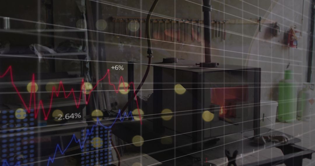 Iron Furnace in Workshop with Data Overlay, Symbolizing Technology in Industrial Production