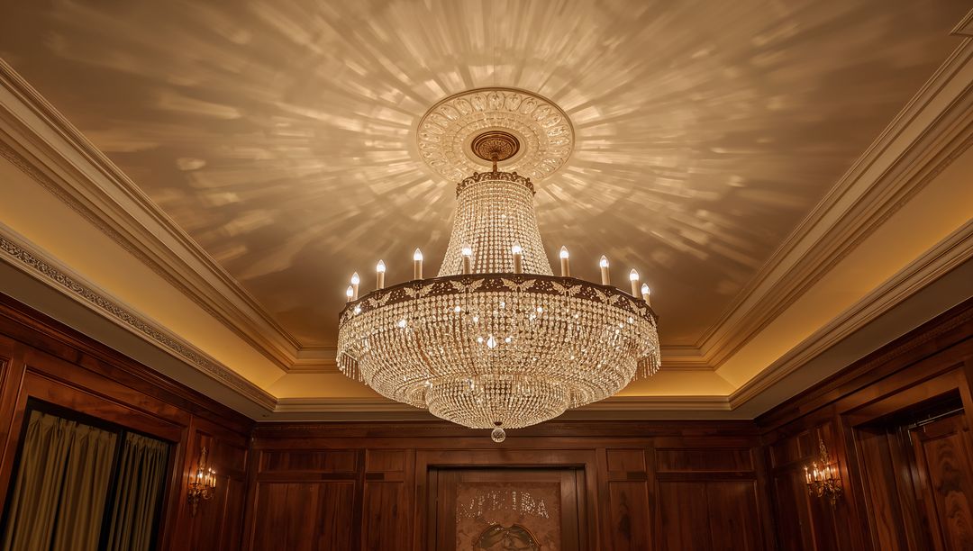 Tiered crystal chandelier casting radial light and shadows in opulent wood-paneled foyer