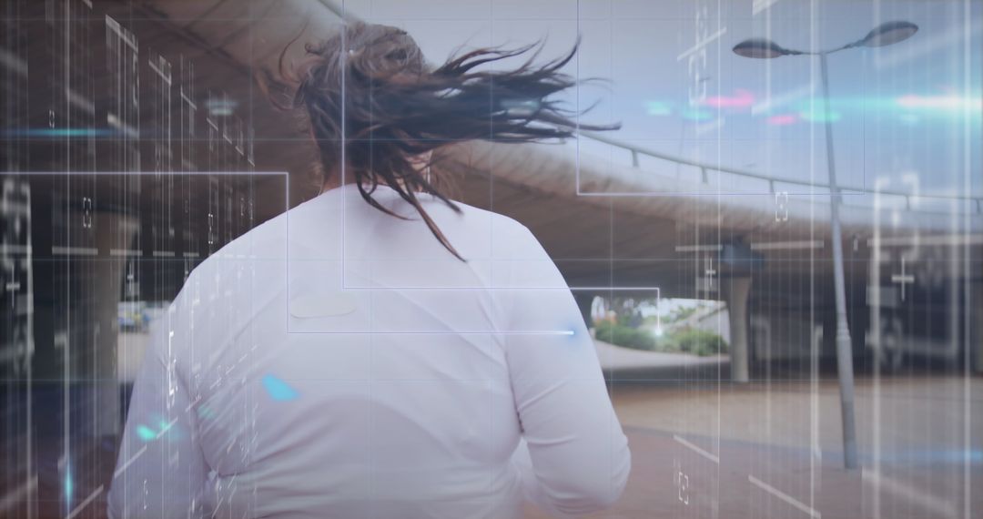 Plus Size Woman Running in Urban Environment with Digital Overlay