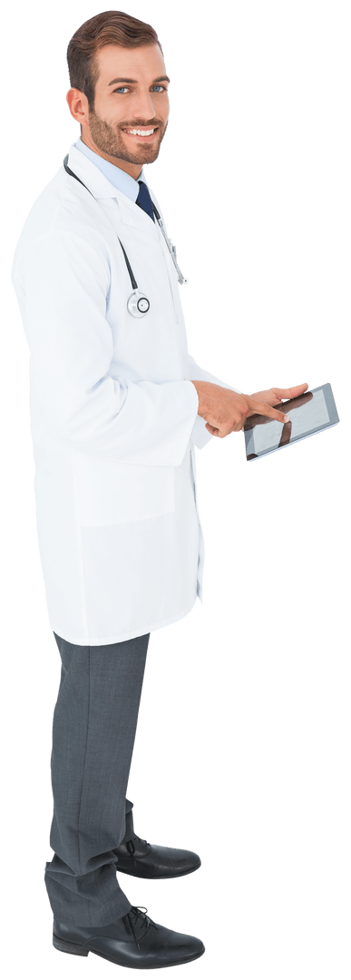 Confident Doctor Using Tablet with Transparent Background