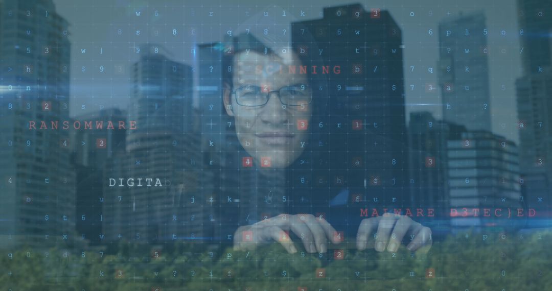 Man Typing with Digital Code in Urban Park