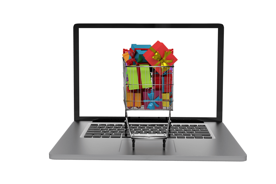 Digital Shopping Cart with Gifts on Laptop Transparent Background