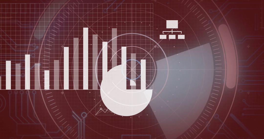 Digital Data Processing with Financial Charts on Red Background
