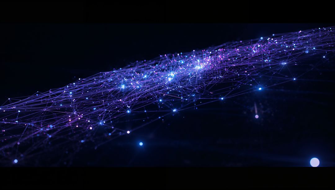 Glowing Network Mesh with Luminescent Nodes and Streaks in Dark Void