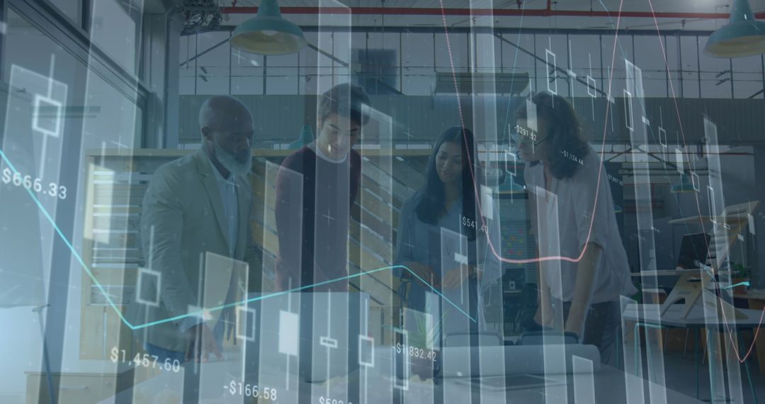Diverse Team Analyzing Financial Data with Futuristic Overlay