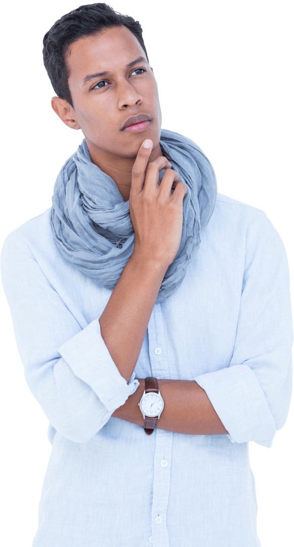 Thoughtful Man in Scarf Looking Away on Transparent Background