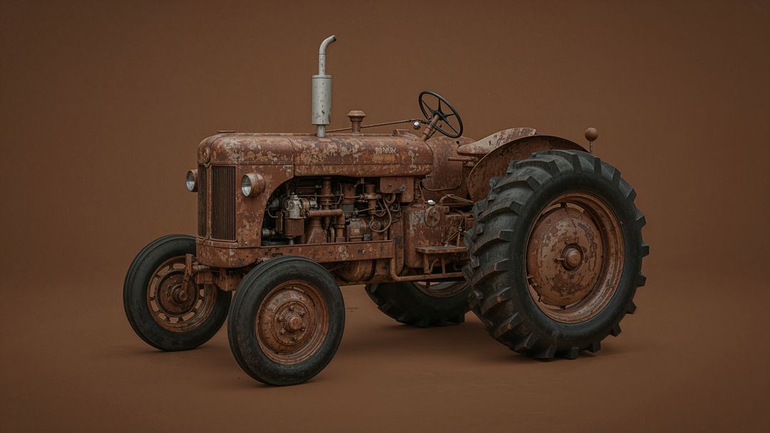 Rustic Farm Tractor with Exposed Engine in Studio Setting
