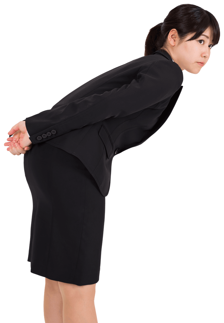 Insecure Asian Businesswoman Leaning on Transparent Background