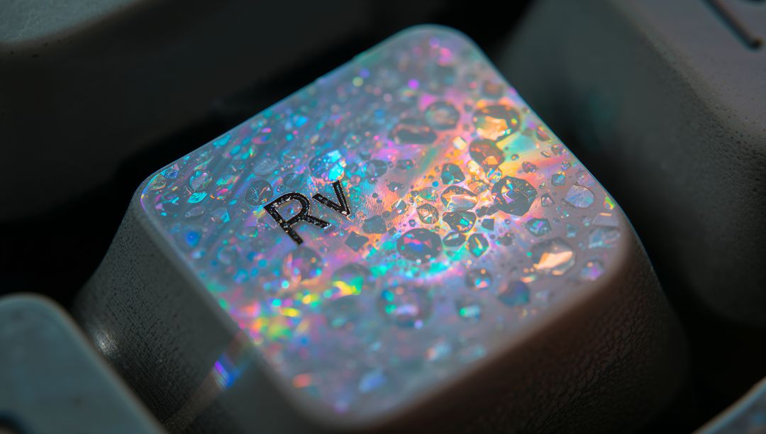 Macro iridescent RV keycap with prismatic rainbow droplets, refraction, holographic shimmer