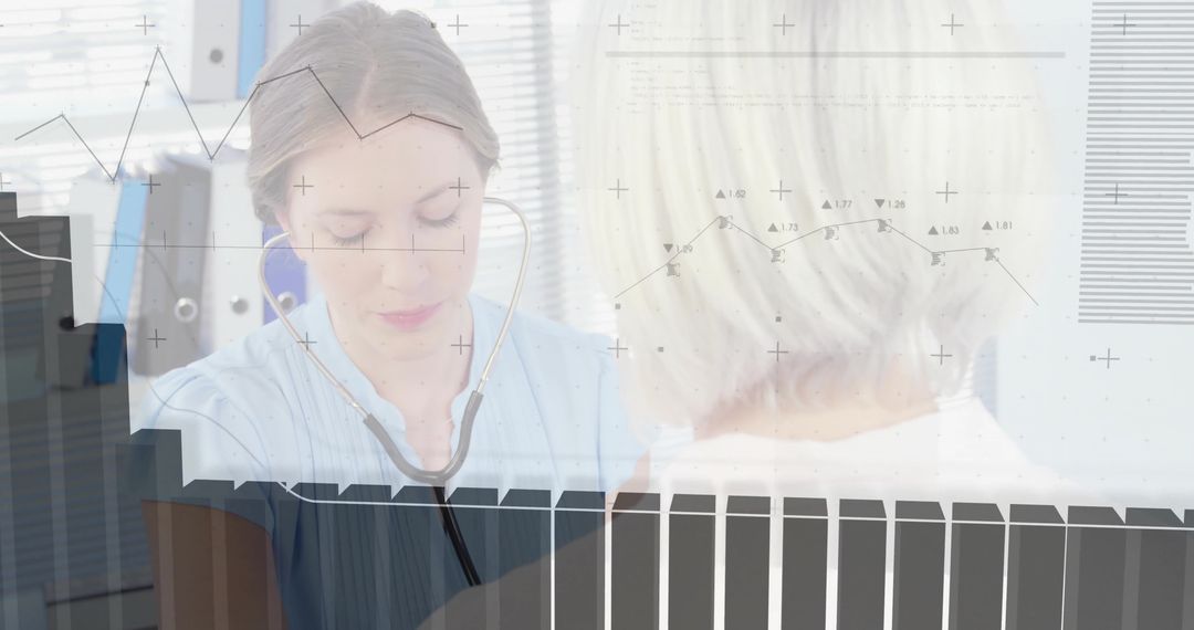 Nurse Using Stethoscope for Elderly Patient Exam in Clinic Environment