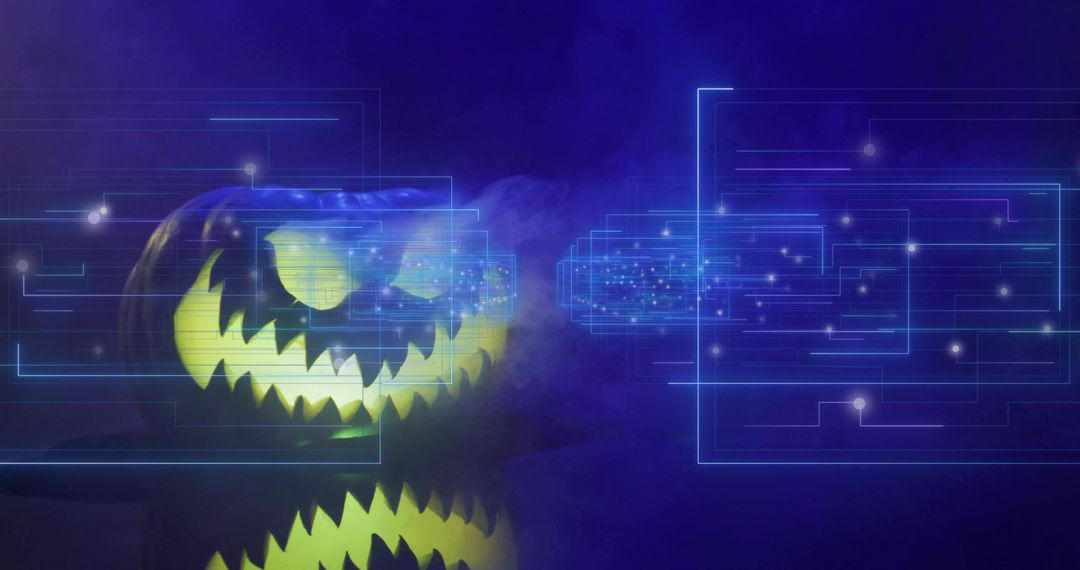 Glowing Cyber Jack-o'-Lantern Emitting Neon Light Reflecting on Glossy Surface Fog Haze