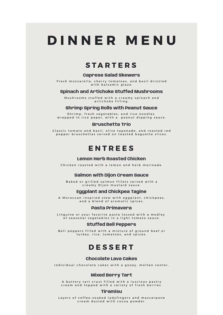 Elegant Dinner Menu with Starters, Entrees, and Desserts on Beige Background - Download Free Stock Templates Pikwizard.com