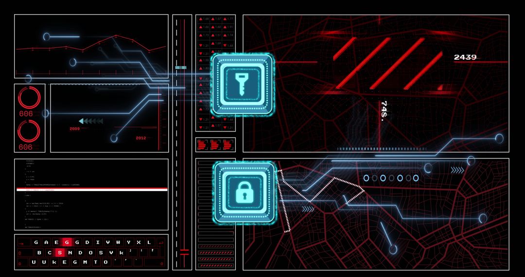 Cybersecurity Interface with Lock and Key Icons on Digital Circuit
