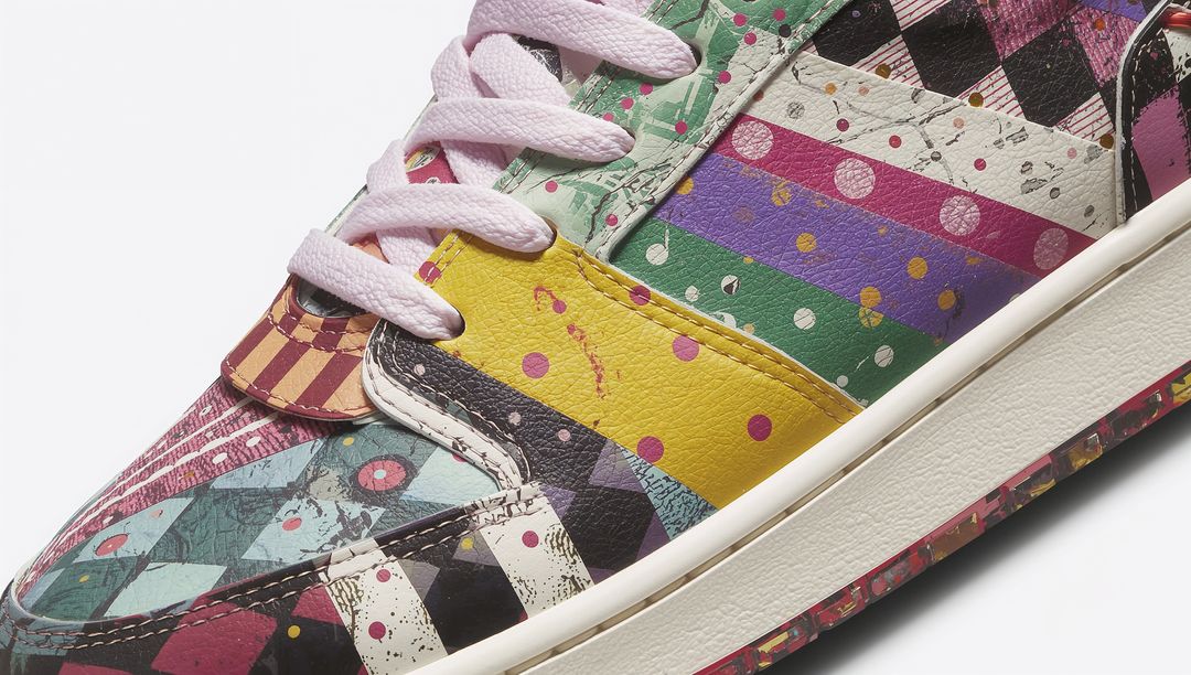 Colorful Harlequin Low-Top Sneaker Showcasing Mixed Patterns and Pink Laces