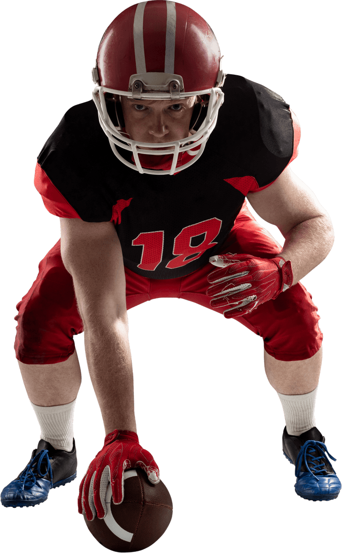 American Football Player in Helmet Preparing to Hike Ball Transparent Background