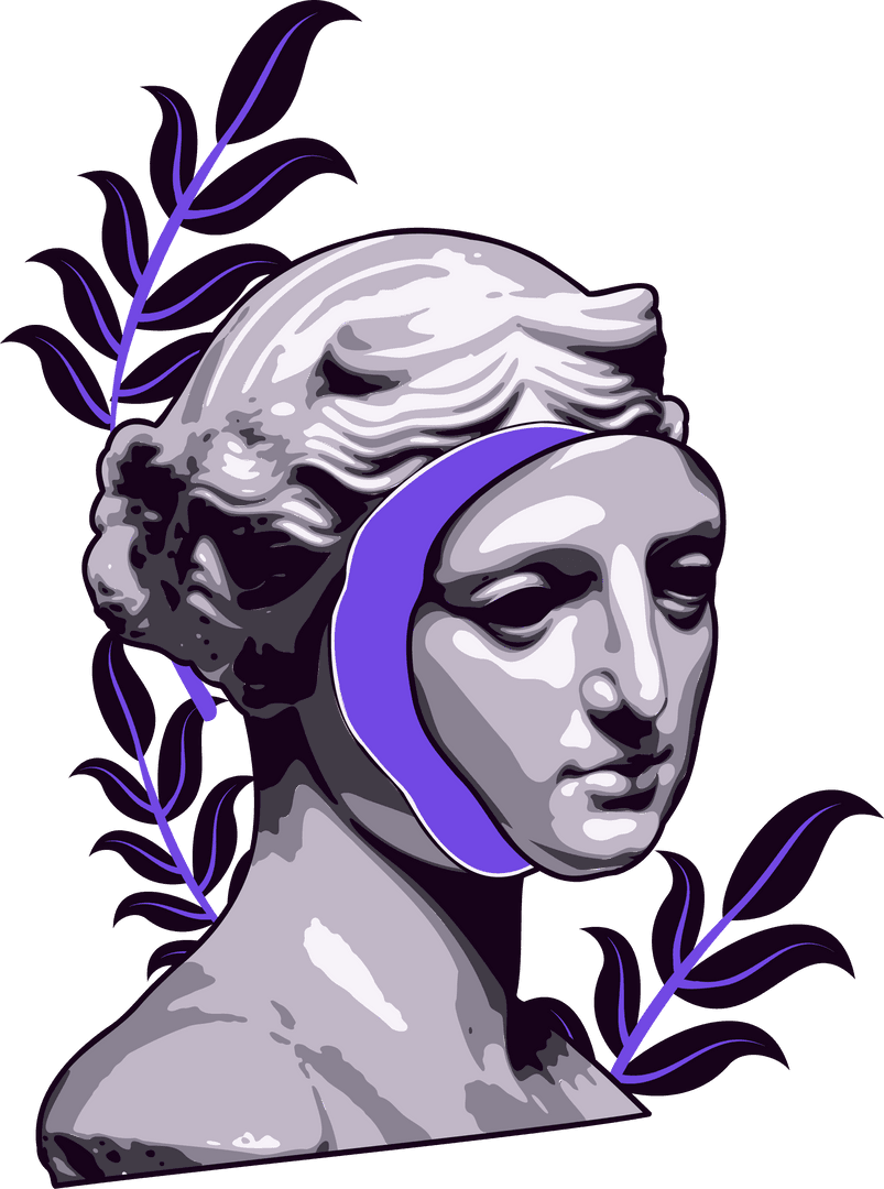 Classical Bust with Purple Accents Floating on Transparent Background