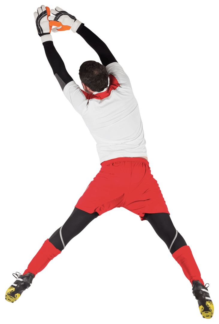 Caucasian Goalie in Action Catching Ball on Transparent Background